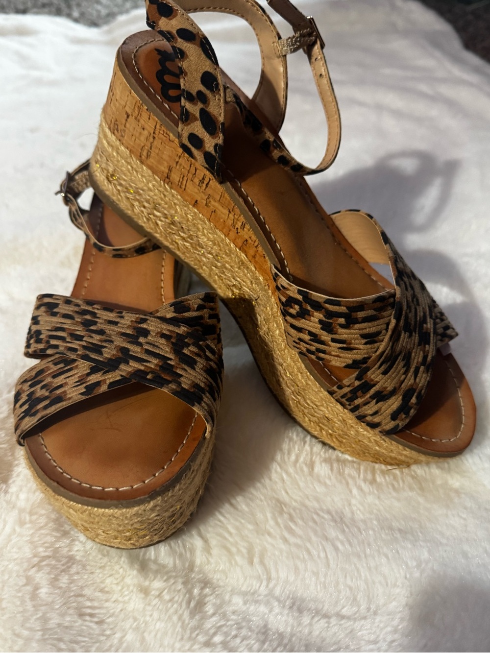 Fergalicious Leopard Print Espadrille Platform Wedge Sandals - Tan Black